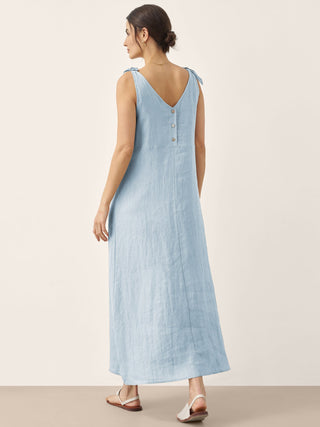 Baby blue 100% linen camisole maxi dress by LINTICO, featuring a relaxed fit and lightweight, breathable fabric.