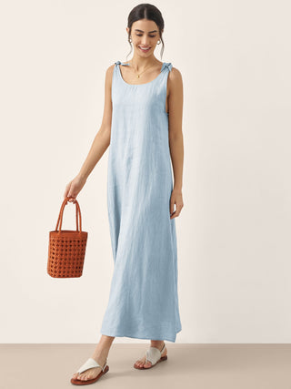 Baby blue 100% linen camisole maxi dress by LINTICO featuring a relaxed fit and elegant sleeveless design.