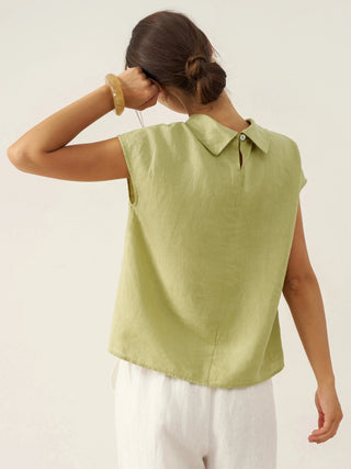LINTICO 100% linen cap sleeve blouse with soft fold collar in sage green, lightweight and breathable for casual wear