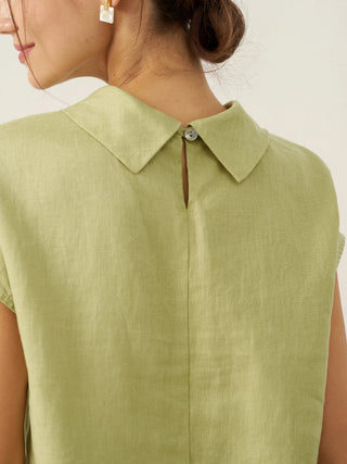 LINTICO 100% linen cap sleeve top with soft fold collar in sage green, casual blouse for warm weather.