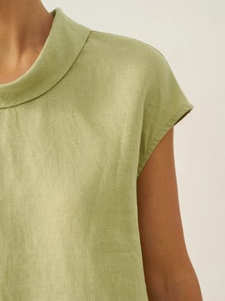 LINTICO 100% linen cap sleeve top with soft-fold collar in sage green, casual blouse ideal for warm weather.