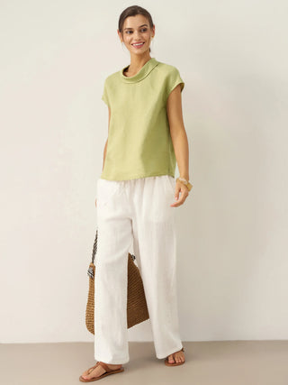 LINTICO 100% linen cap sleeve blouse with soft fold collar in sage green, stylish lightweight top for warm weather.