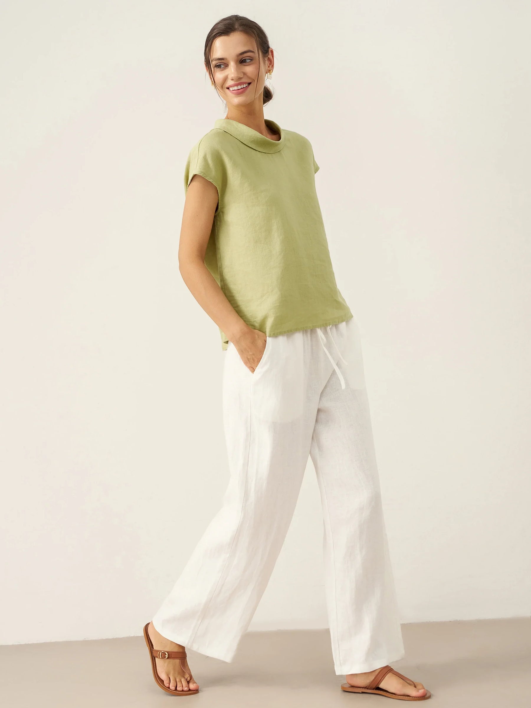 100% Linen Cap Sleeve Soft-Fold Collar Top YVONNE - Glamourous Grace
