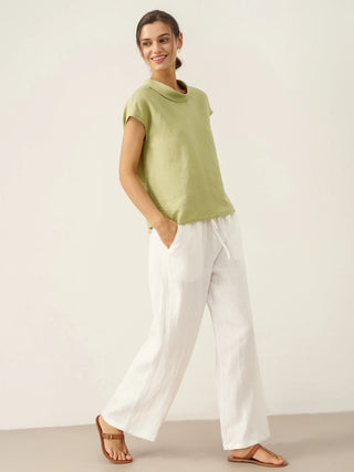 LINTICO 100% linen cap sleeve top with soft fold collar in sage green, lightweight and breathable blouse for casual wear.