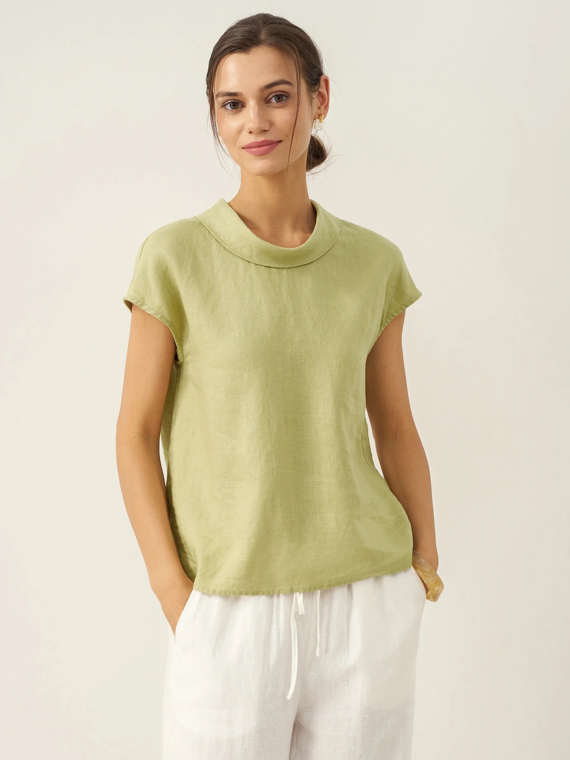 100% Linen Cap Sleeve Soft-Fold Collar Top YVONNE - Glamourous Grace
