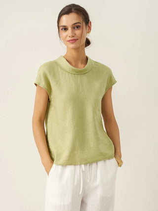 LINTICO 100% linen cap sleeve blouse with soft fold collar in sage green, casual and breathable top for warm weather.