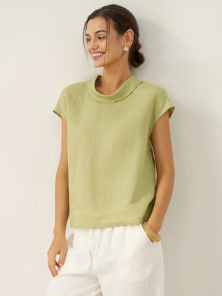 LINTICO 100% linen cap sleeve top with soft fold collar in sage green, ideal for casual or summer wear.