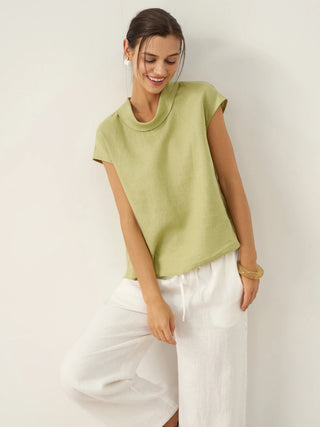LINTICO 100% linen cap sleeve blouse with soft fold collar in sage green, lightweight and casual for warm weather.