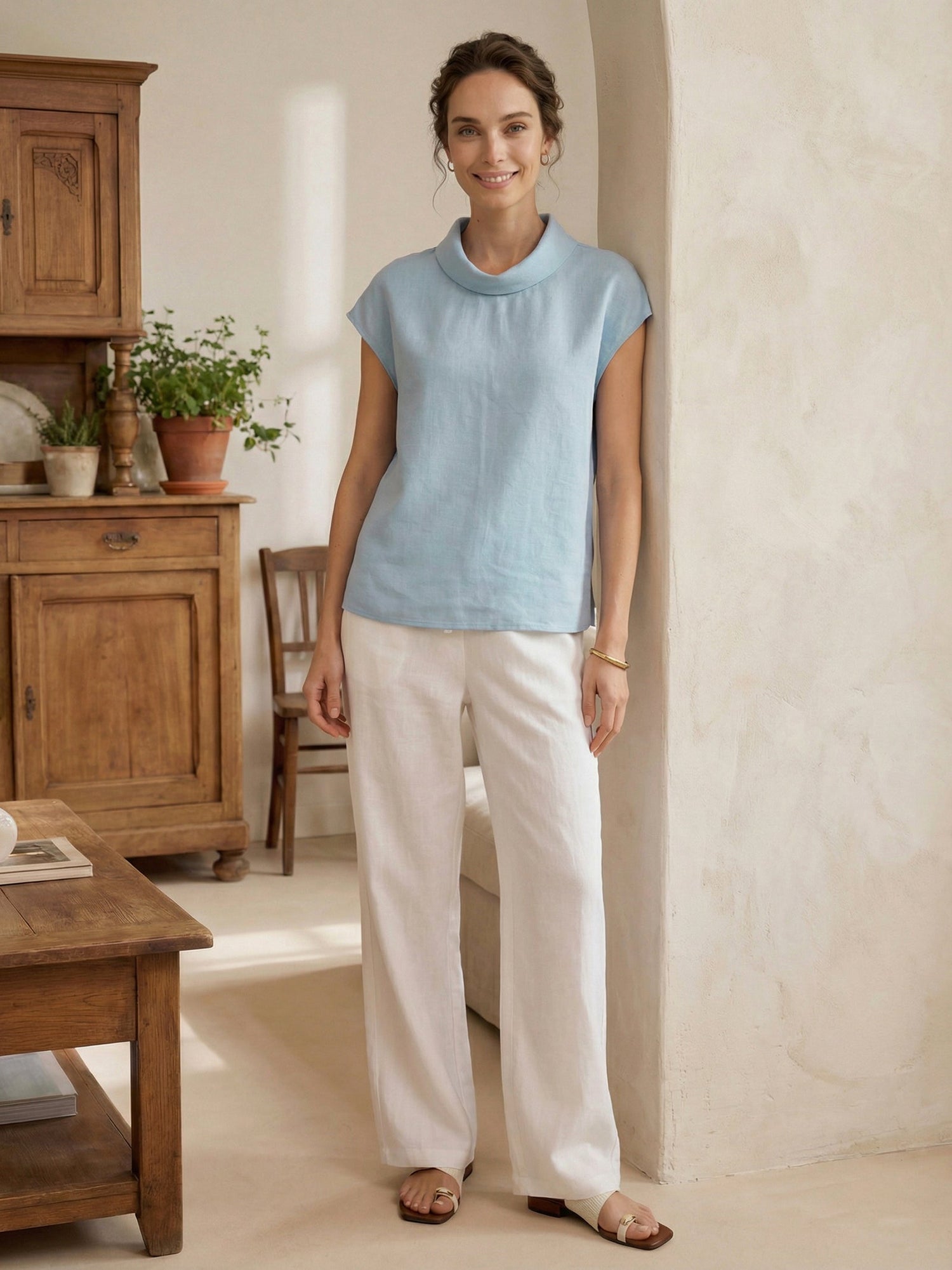 100% Linen Cap Sleeve Soft-Fold Collar Top YVONNE - Glamourous Grace