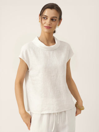 LINTICO YVONNE 100% linen cap sleeve blouse with soft fold collar in optic white, lightweight and breathable for warm weather.
