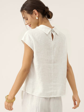 LINTICO YVONNE 100% linen cap sleeve top with soft fold collar in optic white, lightweight blouse for casual wear