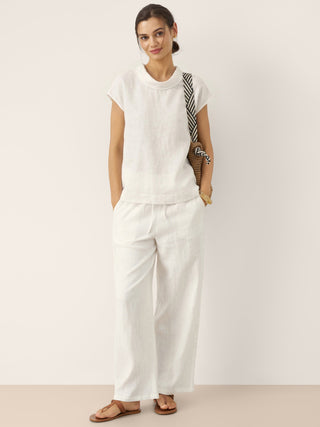 LINTICO YVONNE 100% linen cap sleeve top with soft fold collar in optic white, lightweight blouse for casual wear