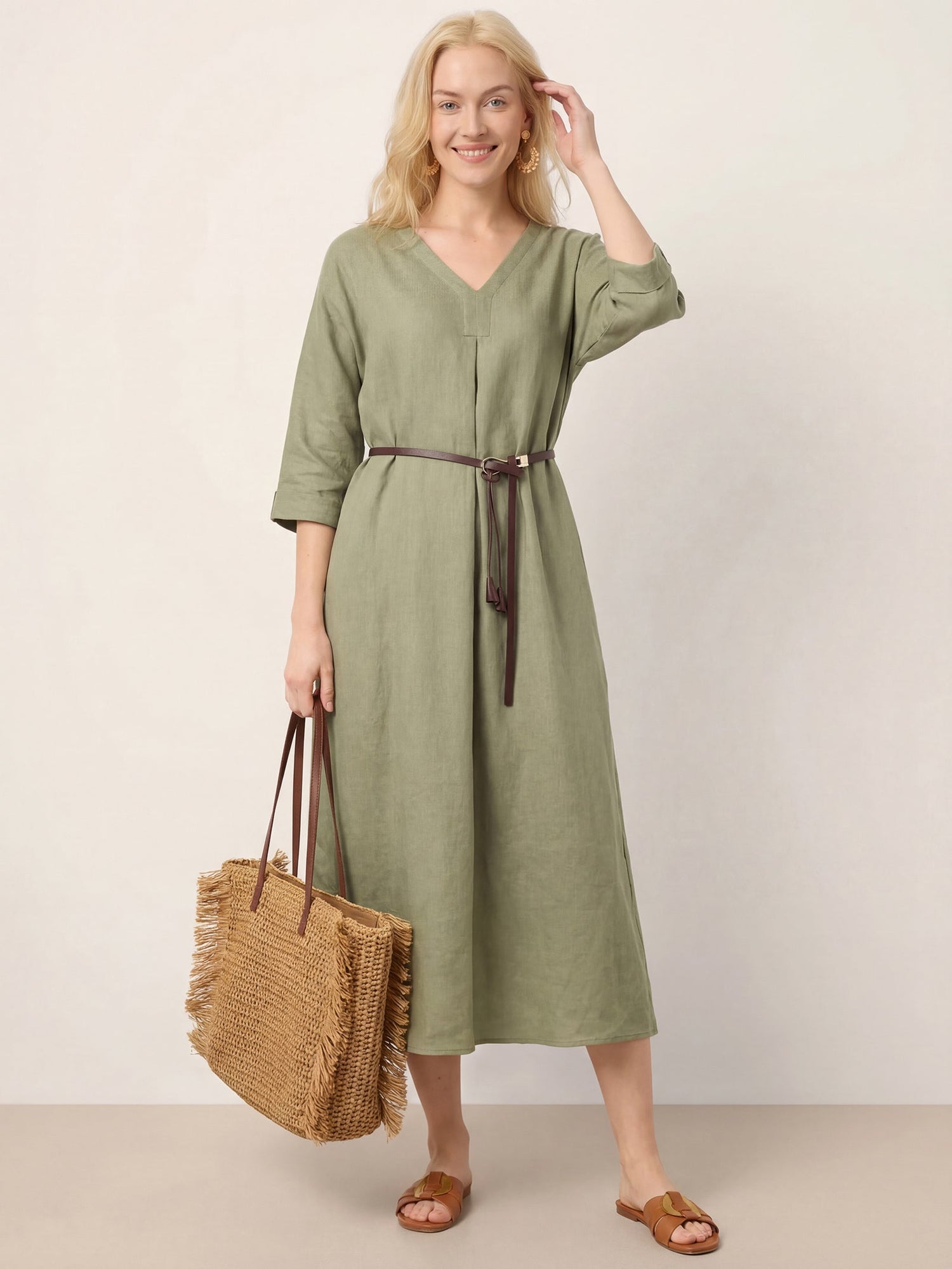 100% Linen Center Pleat V-Neck Cuffed Sleeve Maxi Dress ZENOBIA - Glamourous Grace