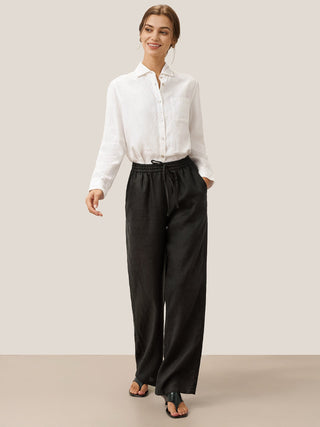 Charcoal black 100% linen classic pants by LINTICO, featuring a relaxed fit and tailored waistband, casual and comfortable bottoms.