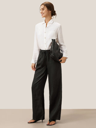 Charcoal black linen classic pants by LINTICO, lightweight and tailored bottoms with a relaxed fit for casual or office wear.
