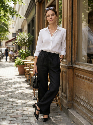 Charcoal black 100% linen classic pants from LINTICO, stylish and comfortable bottoms with a relaxed fit.