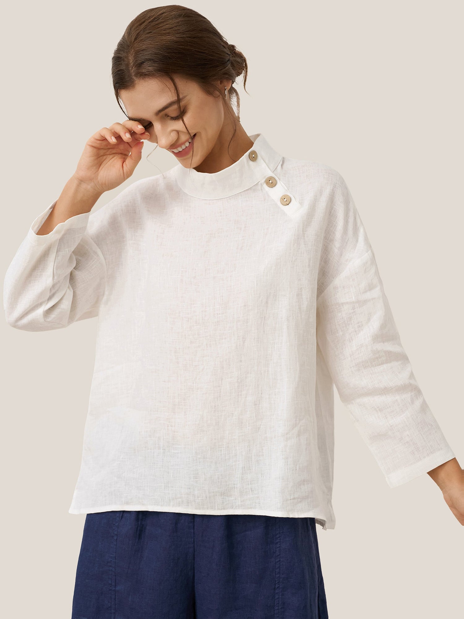 100% Linen Classic Side Neck Top CORA - Glamourous Grace