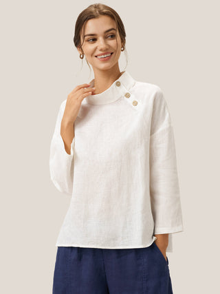 Off-white linen side neck top by LINTICO featuring a classic design, lightweight and breathable fabric, suitable for casual wear.