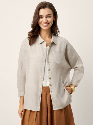 LINTICO Willow Cream linen shirt with concealed placket and patch pockets, casual top for comfortable summer wear.