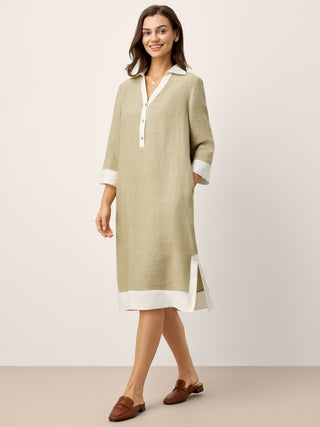 100% Linen Contrast Panel V-neck Layered Lapel Midi Shirt Dress PERSEPHONE