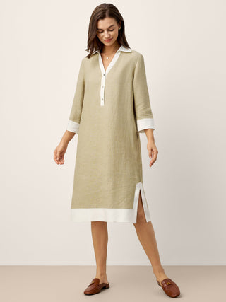 100% Linen Contrast Panel V-neck Layered Lapel Midi Shirt Dress PERSEPHONE
