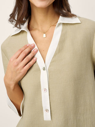 100% Linen Contrast Panel V-neck Layered Lapel Midi Shirt Dress PERSEPHONE