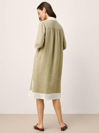 100% Linen Contrast Panel V-neck Layered Lapel Midi Shirt Dress PERSEPHONE