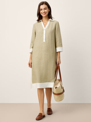 100% Linen Contrast Panel V-neck Layered Lapel Midi Shirt Dress PERSEPHONE