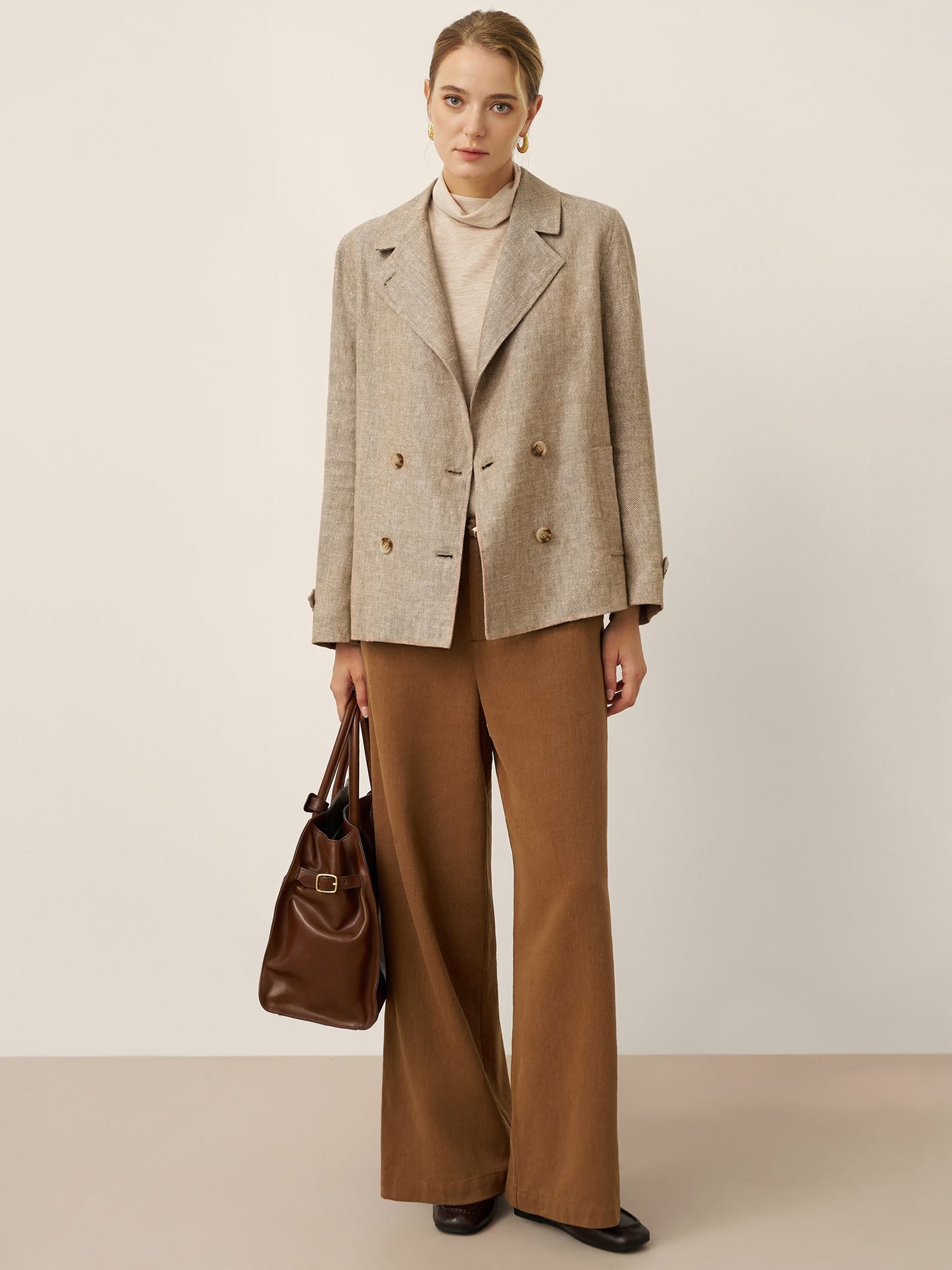 100% Linen Convertible Stand Collar Double Breasted Blazer Jacket NAOMI - Glamourous Grace