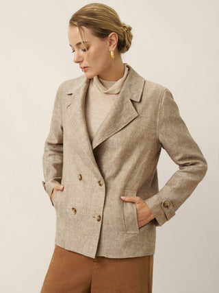 100% Linen Convertible Stand Collar Double Breasted Blazer Jacket NAOMI - Glamourous Grace
