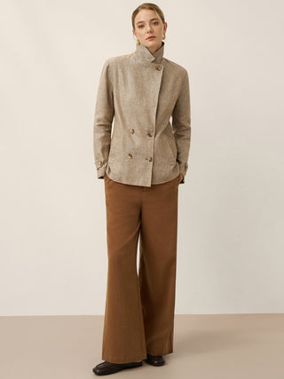 100% Linen Convertible Stand Collar Double Breasted Blazer Jacket NAOMI - Glamourous Grace