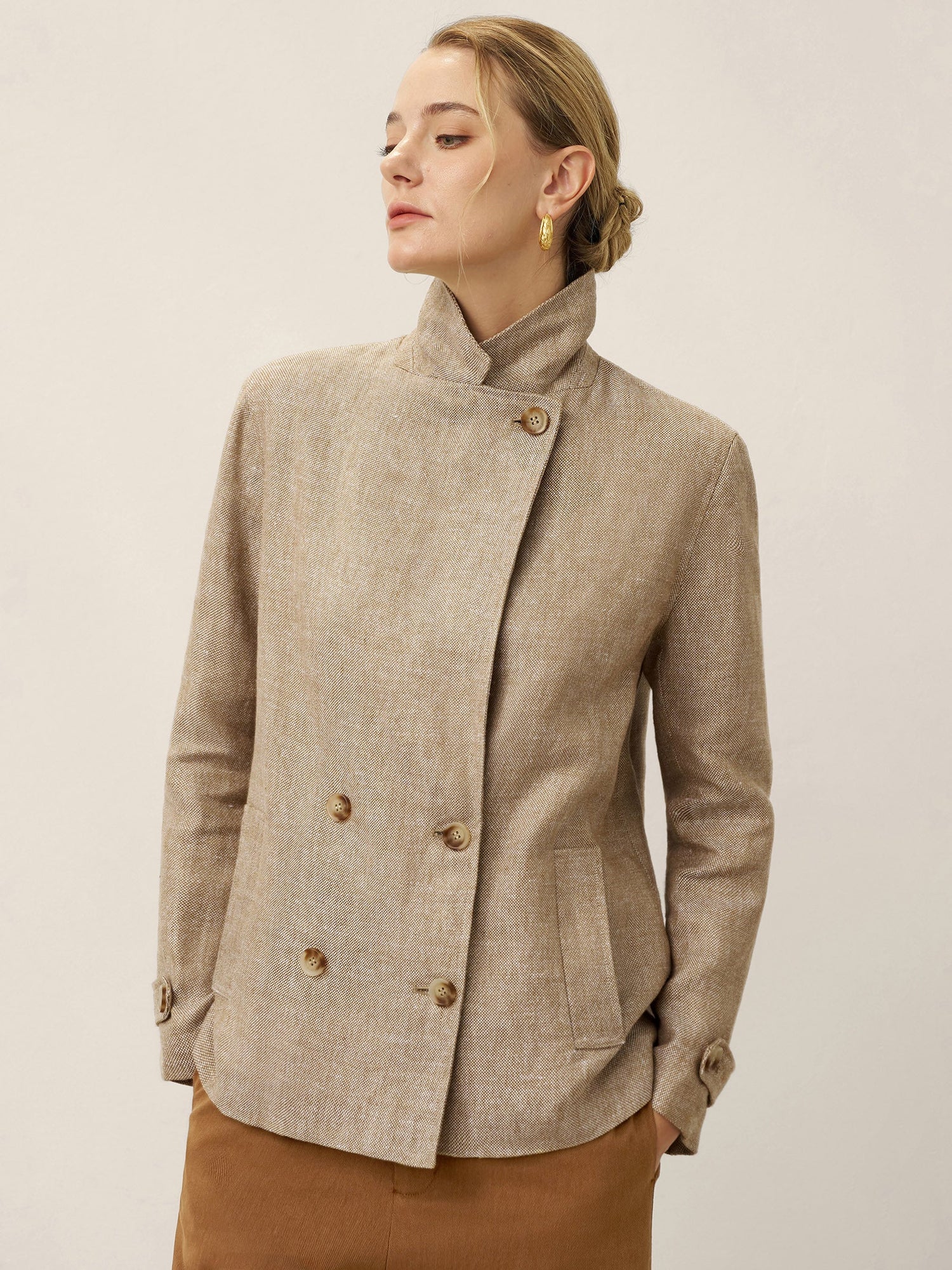 100% Linen Convertible Stand Collar Double Breasted Blazer Jacket NAOMI - Glamourous Grace