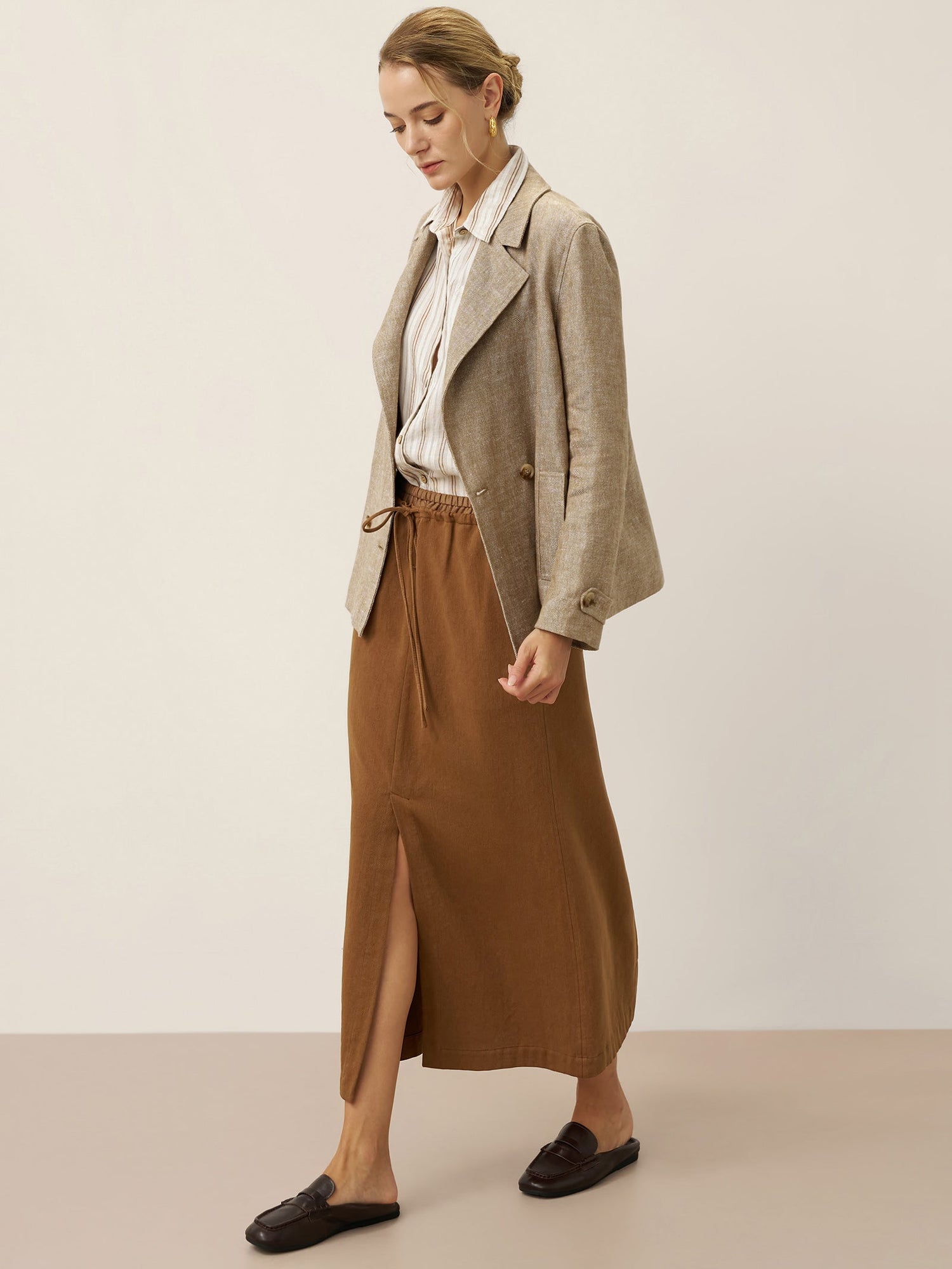 100% Linen Convertible Stand Collar Double Breasted Blazer Jacket NAOMI - Glamourous Grace