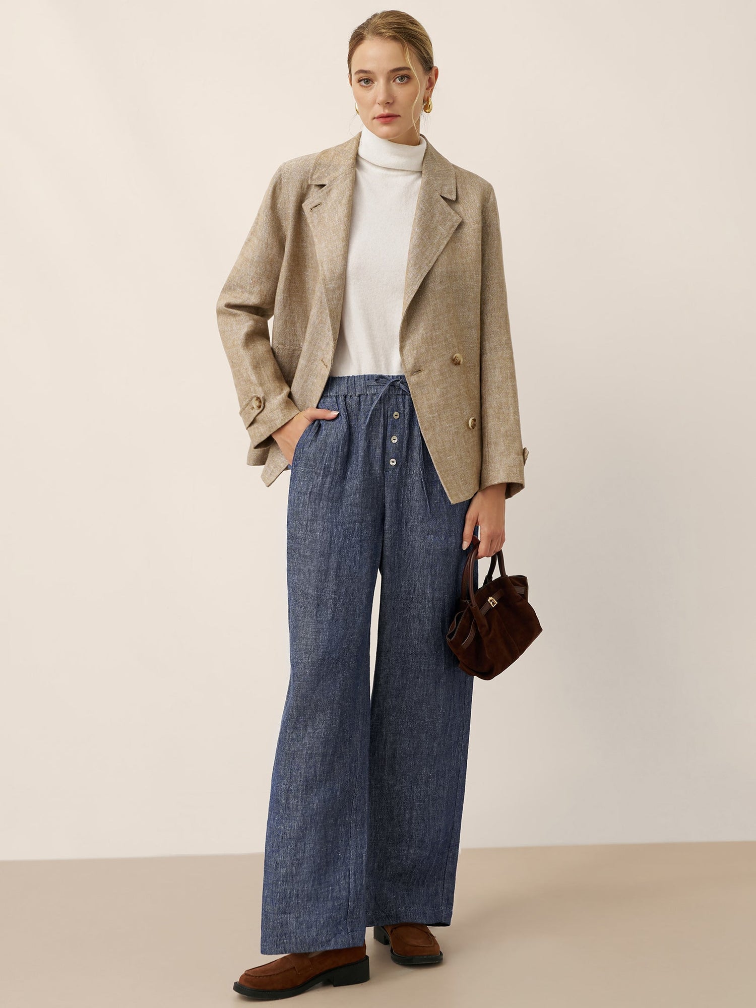 100% Linen Convertible Stand Collar Double Breasted Blazer Jacket NAOMI - Glamourous Grace