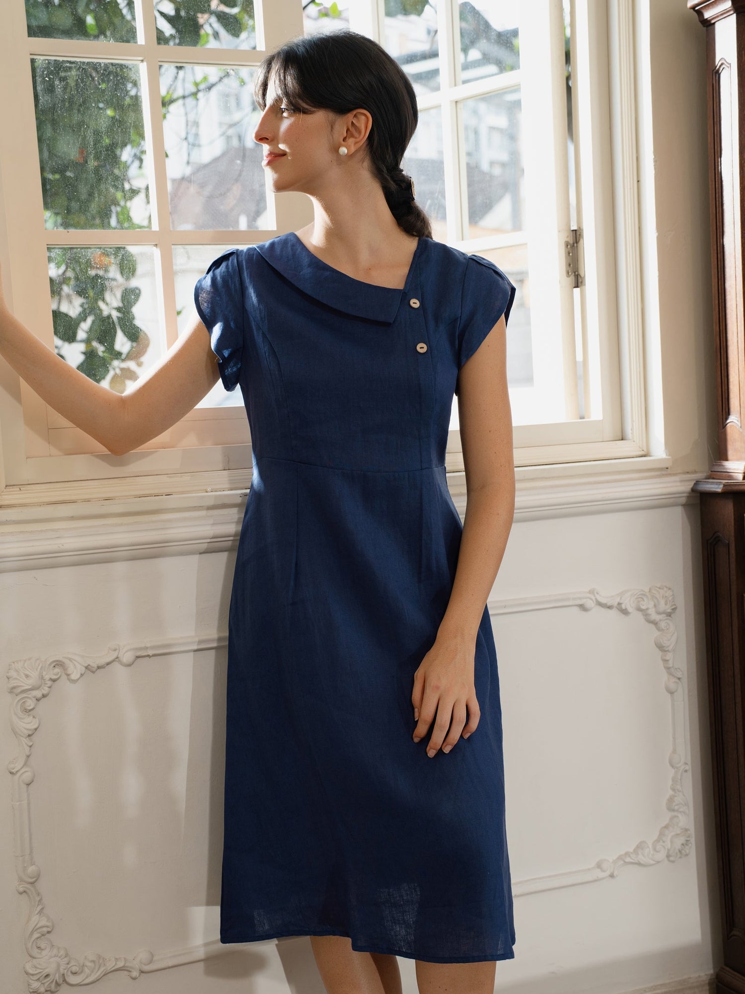 100% Linen Crescent Collar Flutter Sleeve Midi Dress FIONA - Glamourous Grace