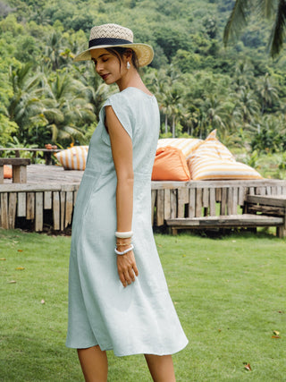 100% Linen Crescent Collar Flutter Sleeve Midi Dress FIONA - Glamourous Grace