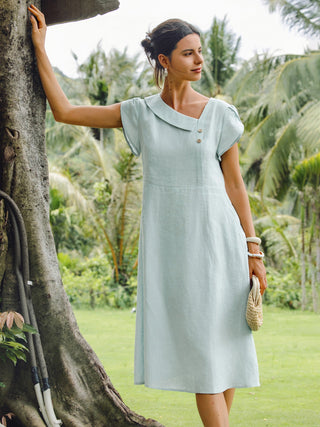 100% Linen Crescent Collar Flutter Sleeve Midi Dress FIONA - Glamourous Grace