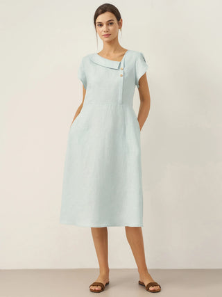 LINTICO 100% linen midi dress with crescent collar and flutter sleeves, featuring a stylish and breathable design.