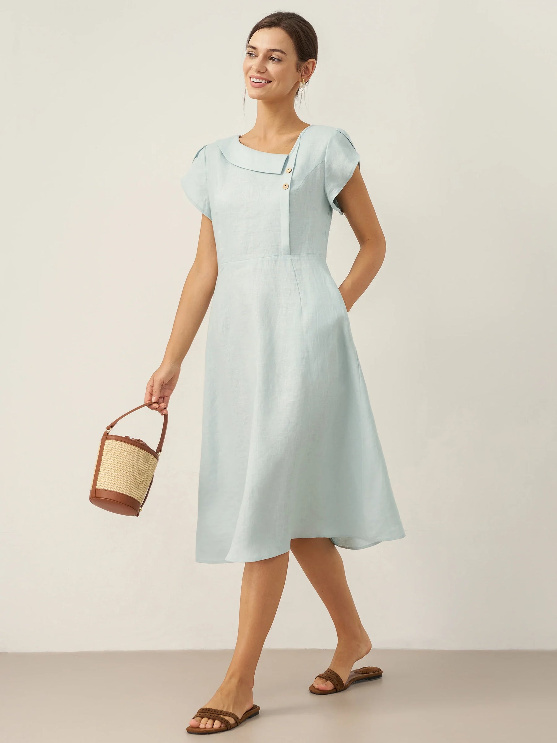 100% Linen Crescent Collar Flutter Sleeve Midi Dress FIONA - Glamourous Grace