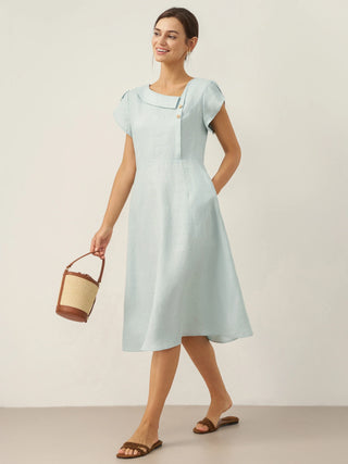 100% Linen Crescent Collar Flutter Sleeve Midi Dress FIONA - Glamourous Grace