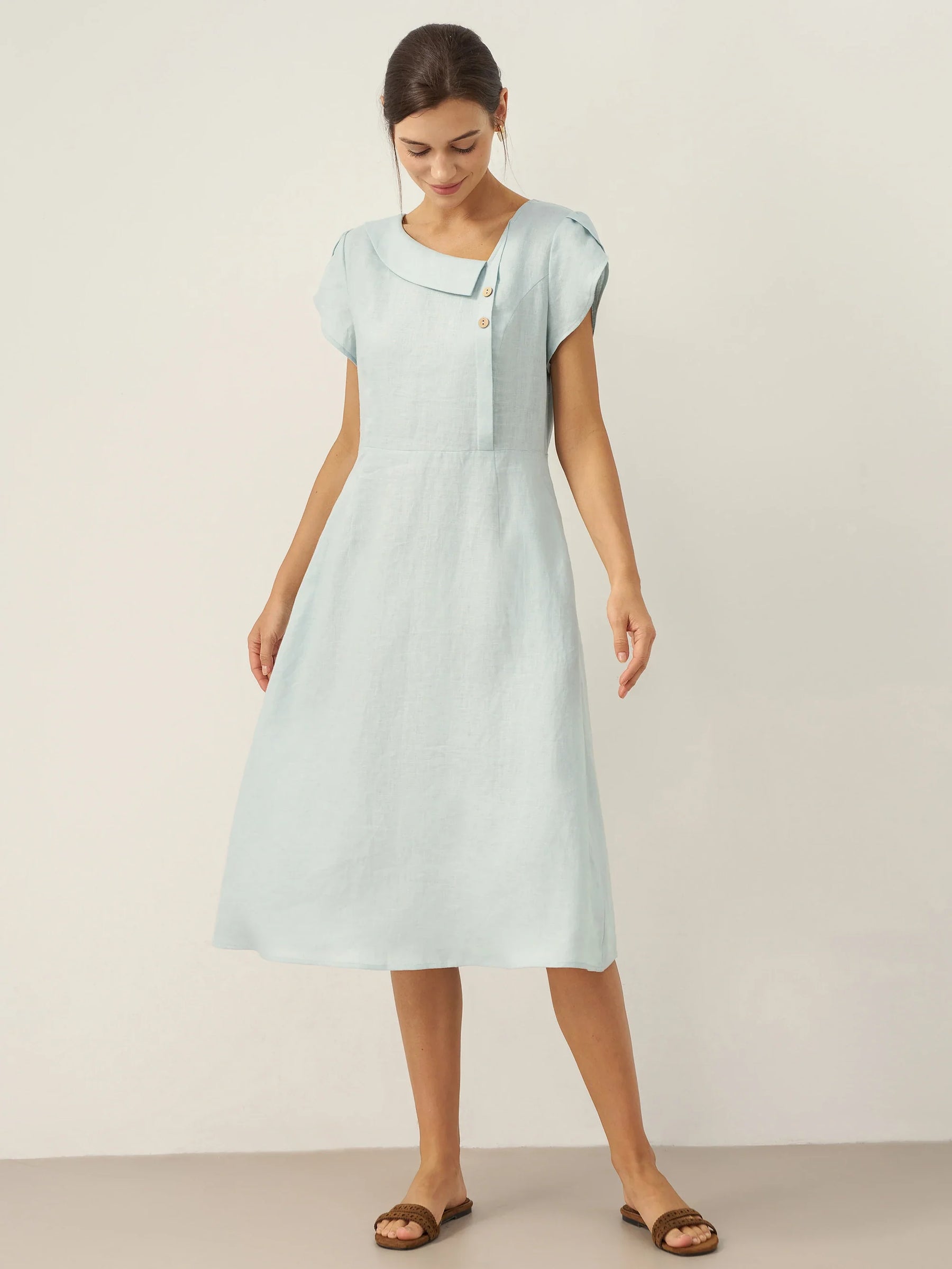 100% Linen Crescent Collar Flutter Sleeve Midi Dress FIONA - Glamourous Grace