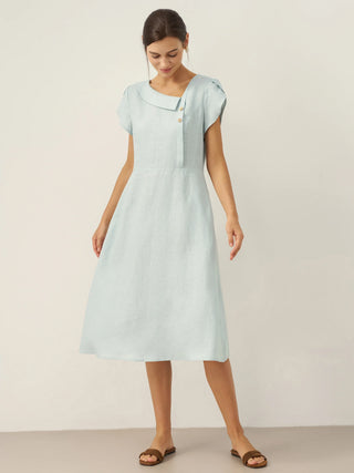 100% Linen Crescent Collar Flutter Sleeve Midi Dress FIONA - Glamourous Grace