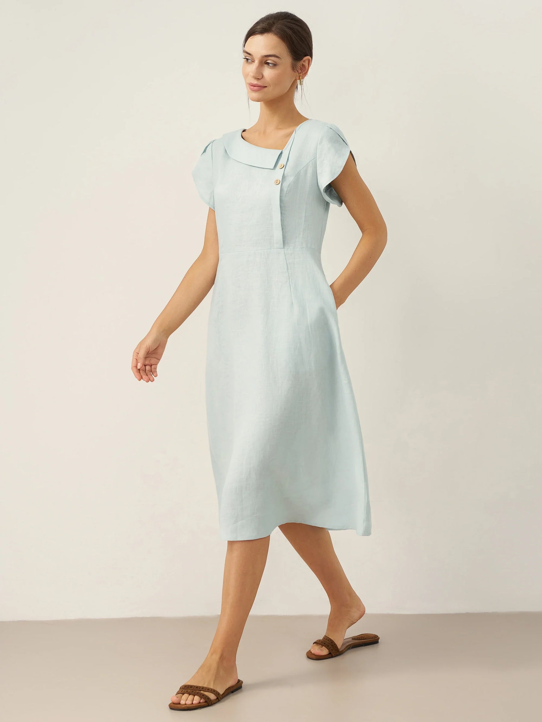 100% Linen Crescent Collar Flutter Sleeve Midi Dress FIONA - Glamourous Grace