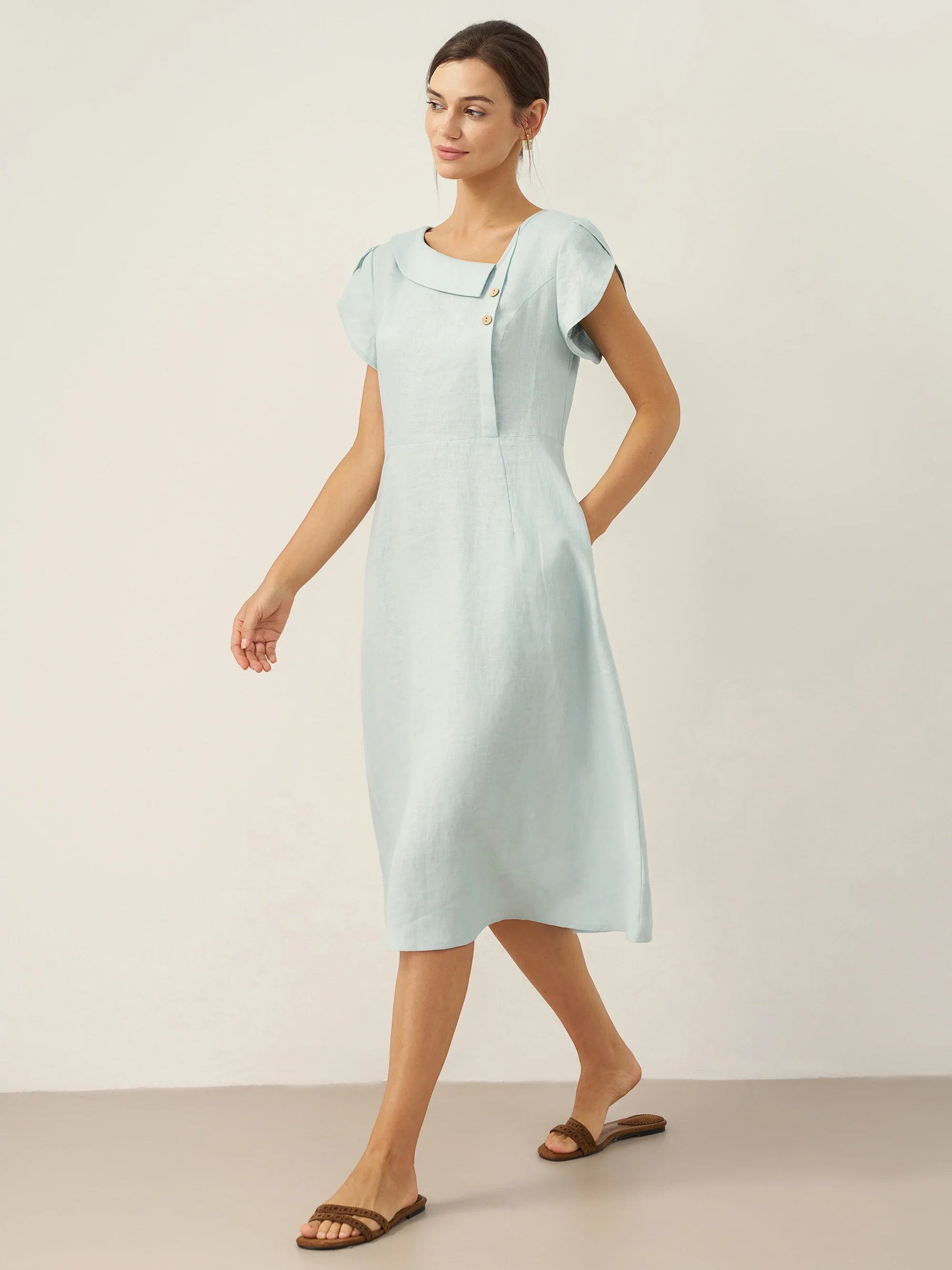 100% Linen Crescent Collar Flutter Sleeve Mini Dress FIONA - Glamourous Grace