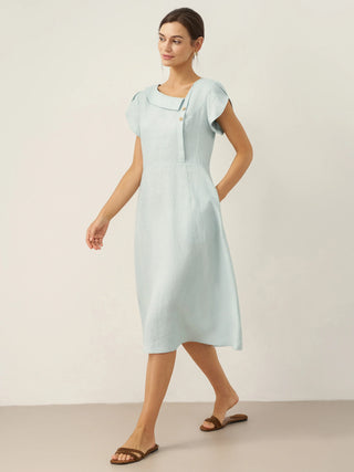 100% Linen Crescent Collar Flutter Sleeve Midi Dress FIONA - Glamourous Grace