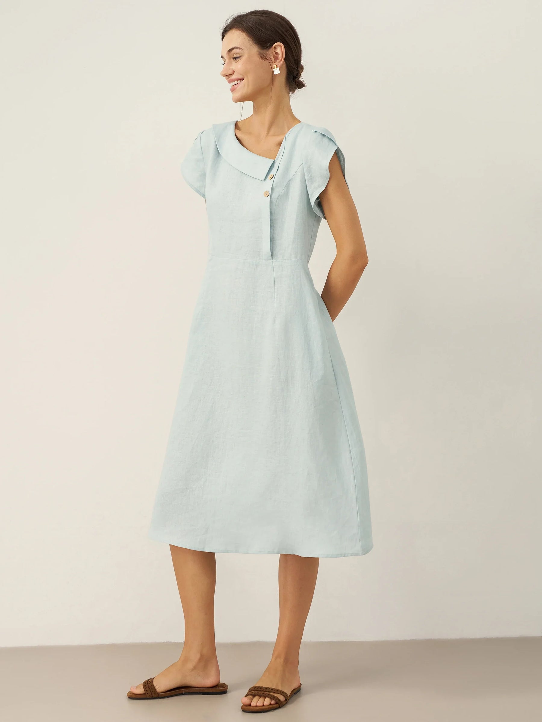 100% Linen Crescent Collar Flutter Sleeve Midi Dress FIONA - Glamourous Grace