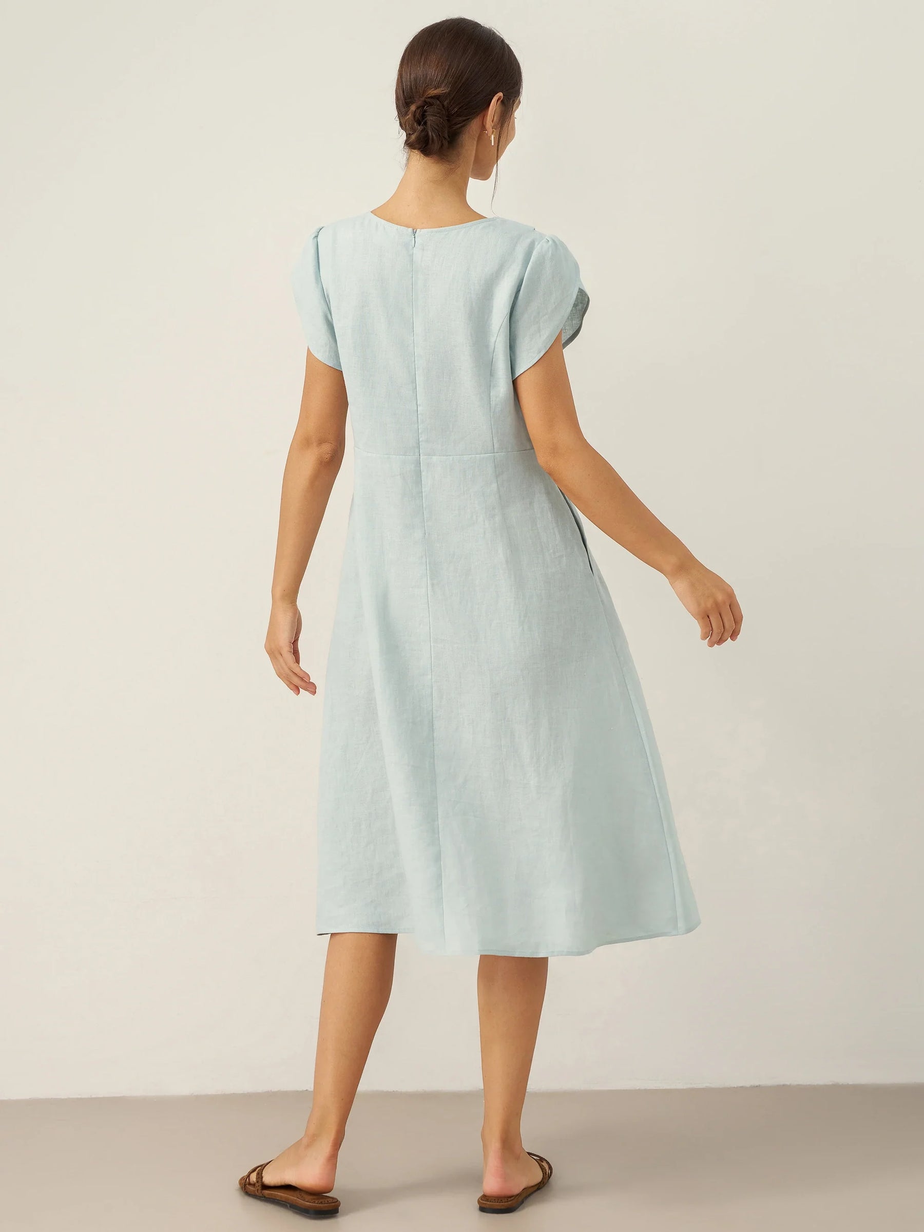 100% Linen Crescent Collar Flutter Sleeve Midi Dress FIONA - Glamourous Grace