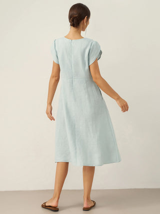 100% Linen Crescent Collar Flutter Sleeve Midi Dress FIONA - Glamourous Grace