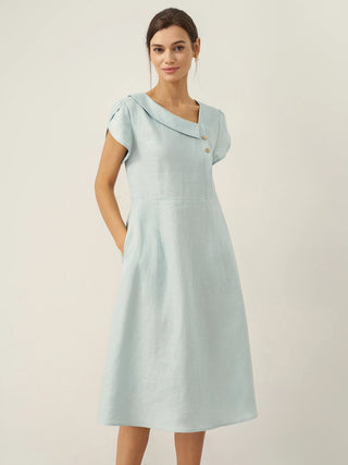100% Linen Crescent Collar Flutter Sleeve Midi Dress FIONA - Glamourous Grace