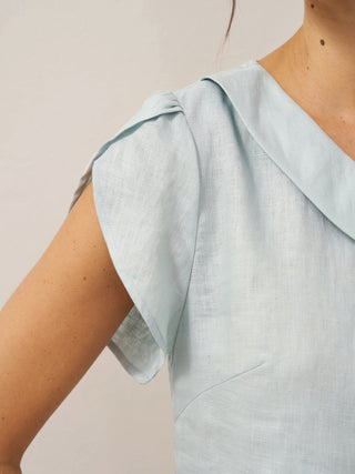 LINTICO aqua blue linen top with a crescent collar and flutter sleeves, stylish blouse for casual or dressy wear.
